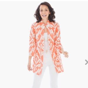 Chico’s Ikat Linen Jacket Open Front Cardigan in Sunrise Orange Size